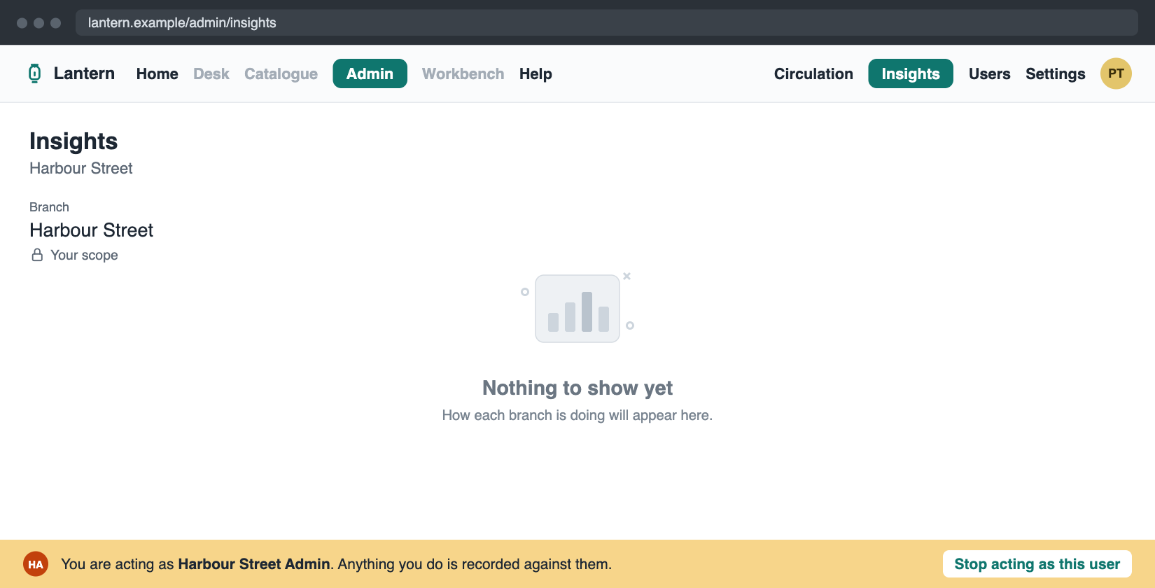 The Insights tab for the Harbour Street administrator: no dropdown, just Harbour Street as fixed text with a lock and Your scope